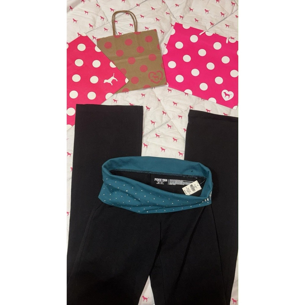 VS PINK NWT XS GREEN STUDDED VINTAGE Y2K FOLD OVER FLARE YOGA LEGGINGS - Picture 2 of 4